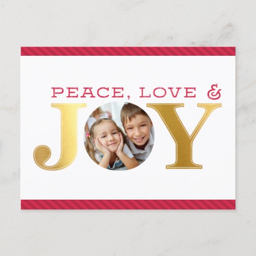 FAMILY PHOTO JOY simple bold modern red and gold Holiday Postcard