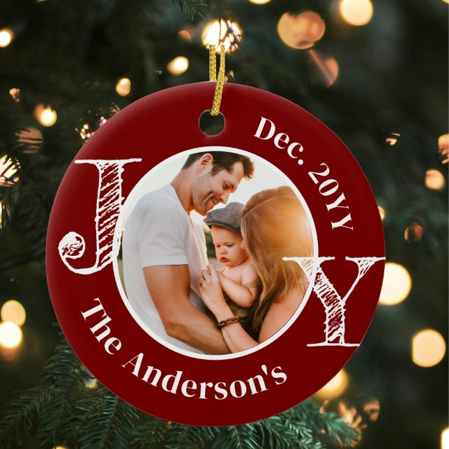 Family Photo Joy to the World Modern Minimalist  Ceramic Ornament (Creator Uploaded)