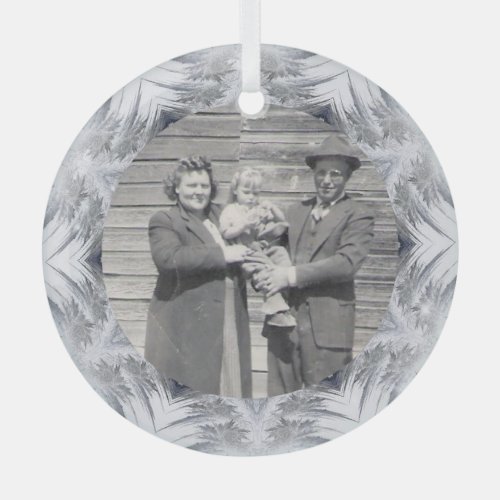Family Photo Kaleidoscope Snowflake Border Glass Ornament