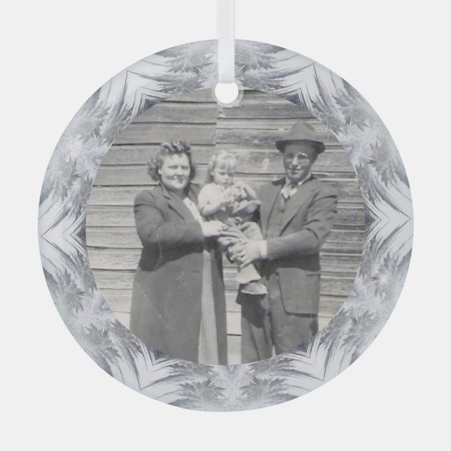 Family Photo Kaleidoscope Snowflake Border Glass Ornament (Front)