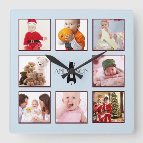 Family PHOTO Keepsake Gift Monogram Instagram Blue Square Wall Clock