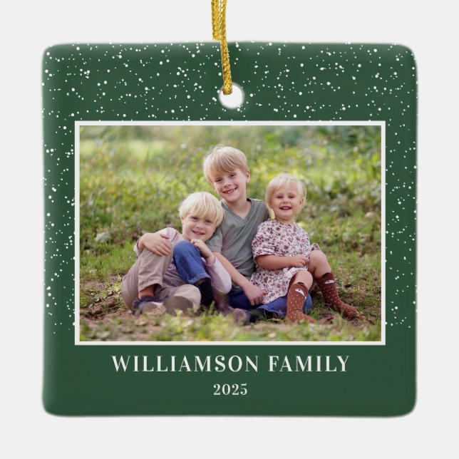 Family Photo Keepsake Snow Christmas Ceramic Ornament (Front)