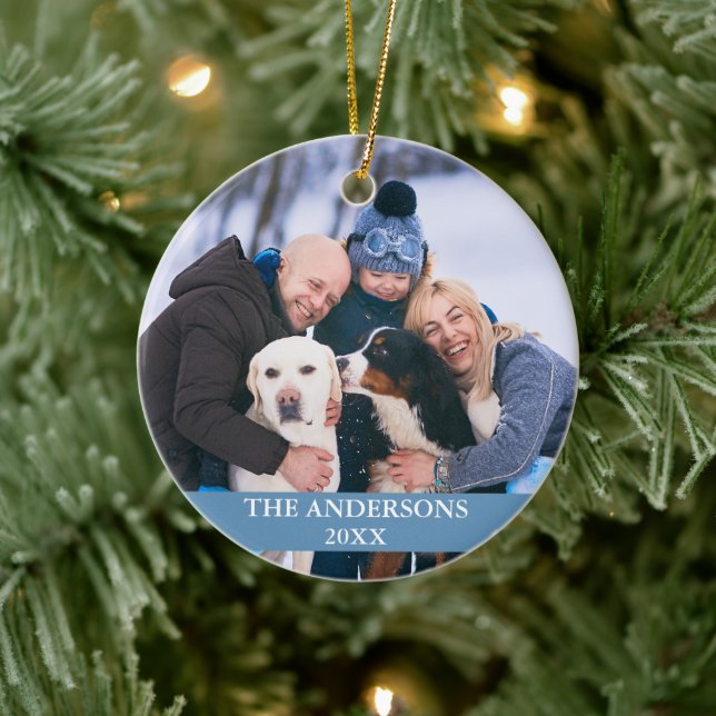 Family Photo Light Blue Ceramic Ornament (Tree)