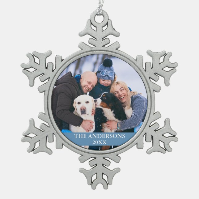 Family Photo Light Blue Snowflake Pewter Christmas Ornament (Front)