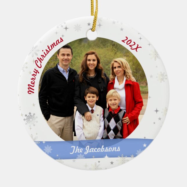 Family Photo Love Aunt Elegant Snowflakes Xmas Ceramic Ornament (Front)