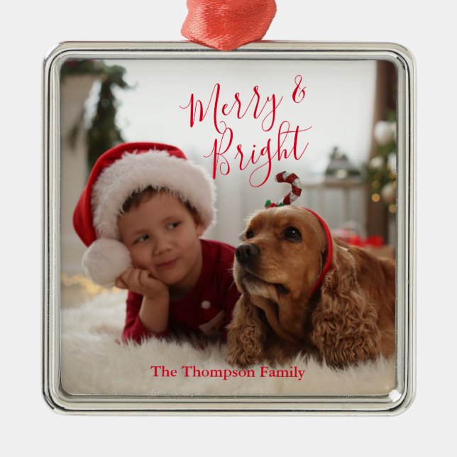 Family Photo Merry and Bright Christmas  Metal Ornament (Front)