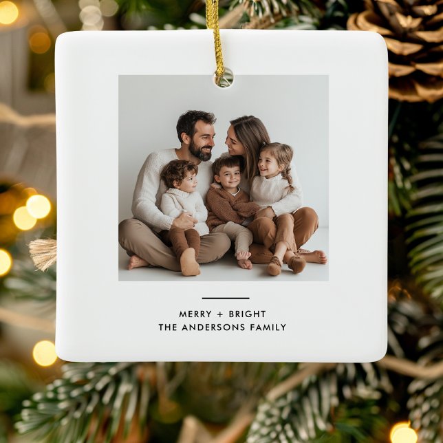 Family Photo & Merry and Bright Minimalistic  Ceramic Ornament (Creator Uploaded)