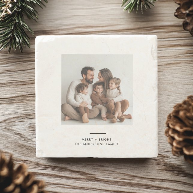 Family Photo & Merry and Bright Minimalistic  Stone Coaster (Creator Uploaded)