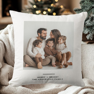 Family Photo & Merry and Bright Minimalistic Throw Pillow