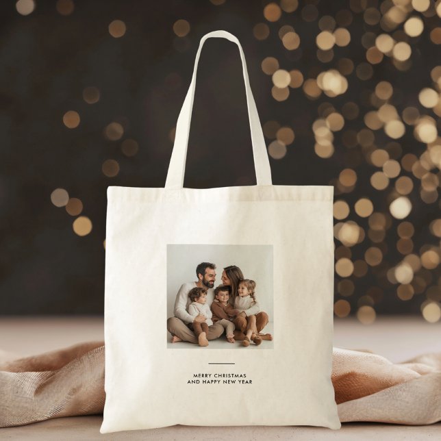 Family Photo & Merry and Bright Minimalistic  Tote Bag (Creator Uploaded)