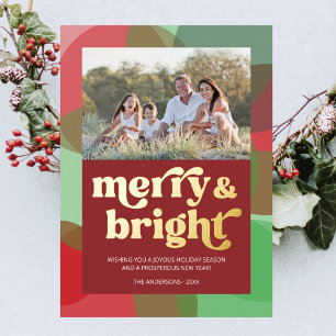 Family Photo Merry Bright Colorful Red Retro Foil Holiday Card