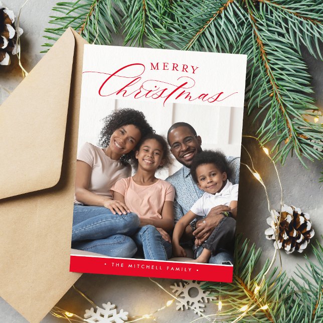 FAMILY PHOTO Merry Christmas cute calligraphy red  Holiday Card (Creator Uploaded)
