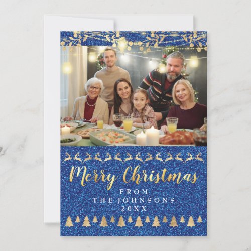 Family Photo Merry Christmas Gold Blue Glitter Holiday Card