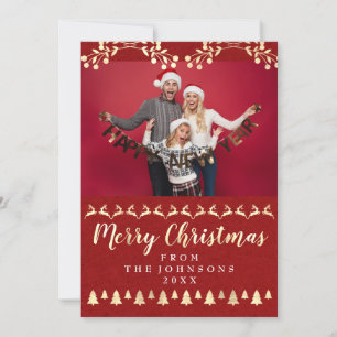 Family Photo Merry Christmas Gold Classy Red Holiday Card