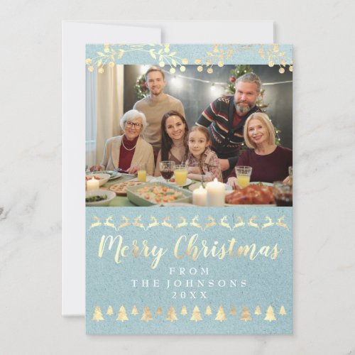 Family Photo Merry Christmas Gold Kraft Aqua Holiday Card