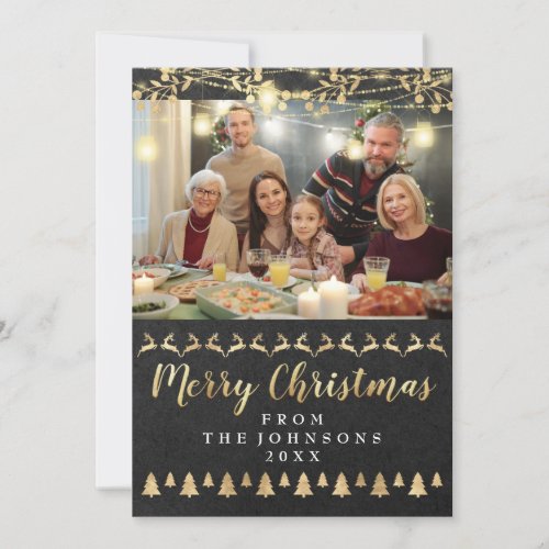 Family Photo Merry Christmas Gold Kraft Black Holiday Card