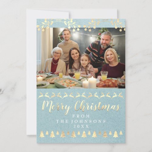 Family Photo Merry Christmas Gold Kraft Blue Holiday Card