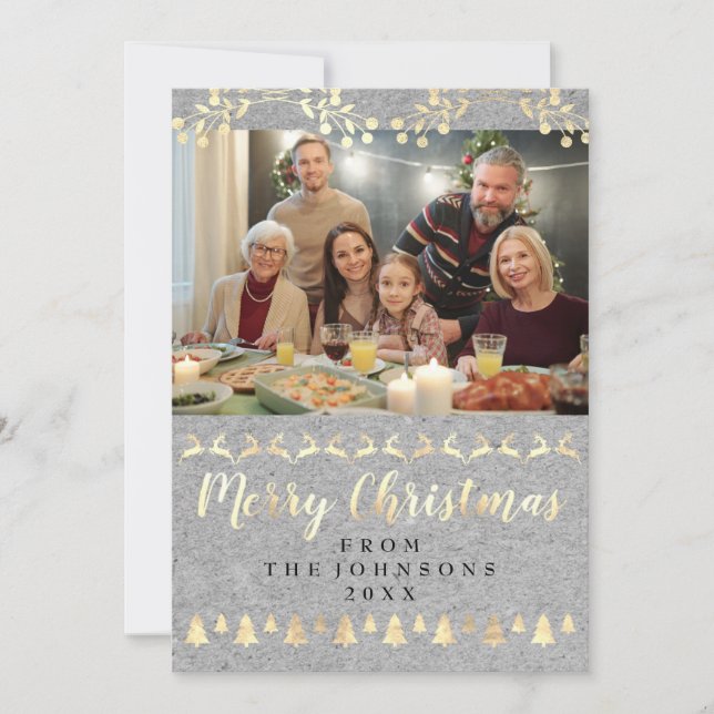 Family Photo Merry Christmas Gold Kraft Gray Holiday Card (Front)