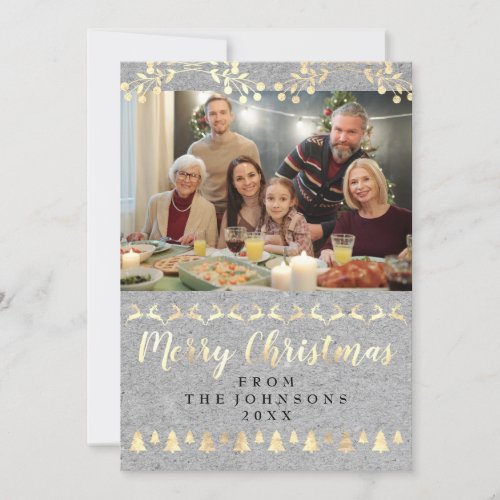 Family Photo Merry Christmas Gold Kraft Gray Holiday Card