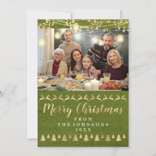 Family Photo Merry Christmas Gold Kraft Green Holiday Card