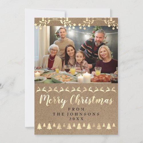 Family Photo Merry Christmas Gold Kraft Rustic Holiday Card