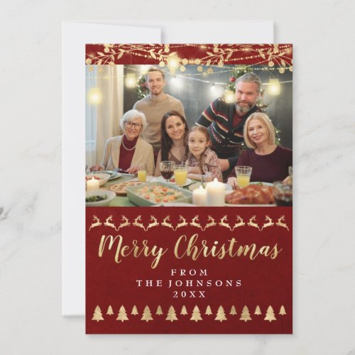 Family Photo Merry Christmas Gold Light Classy Red Holiday Card