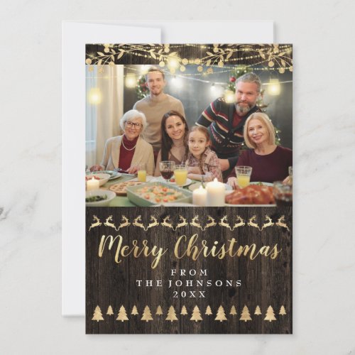 Family Photo Merry Christmas Gold Lights Rustic Holiday Card