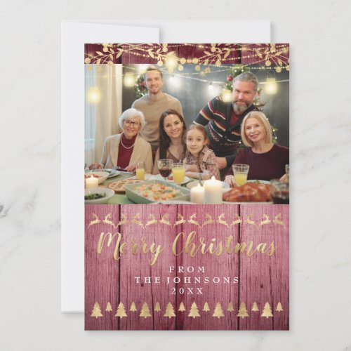 Family Photo Merry Christmas Gold Pink Rustic Holiday Card