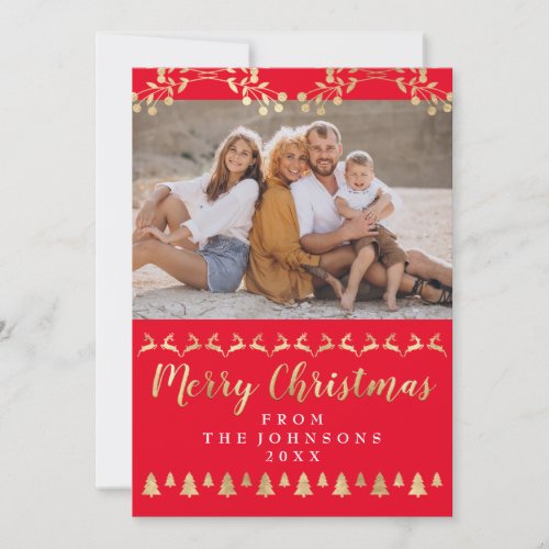 Family Photo Merry Christmas Gold Red Classy Holiday Card