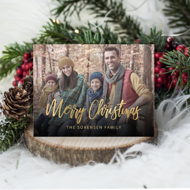 Family Photo Merry Christmas Gold Script Beige Hol Holiday Postcard (Creator Uploaded)