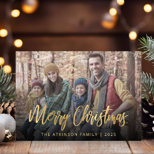 Family Photo Merry Christmas Gold Script Beige Holiday Card