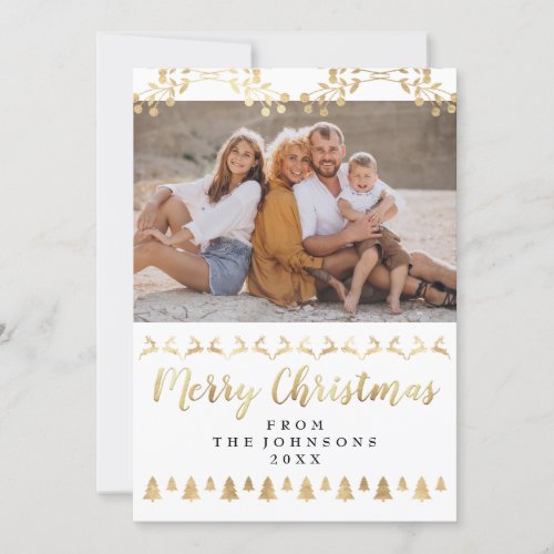 Family Photo Merry Christmas Gold White Classy Holiday Card