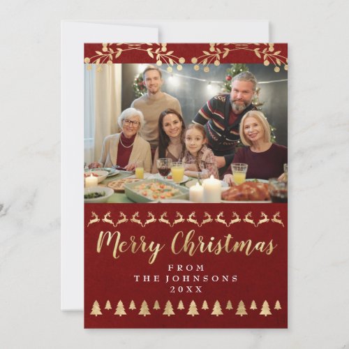 Family Photo Merry Christmas Golden Script Bordeau Holiday Card