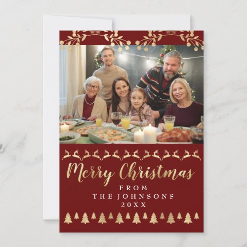 Family Photo Merry Christmas Golden Script Burgund Holiday Card