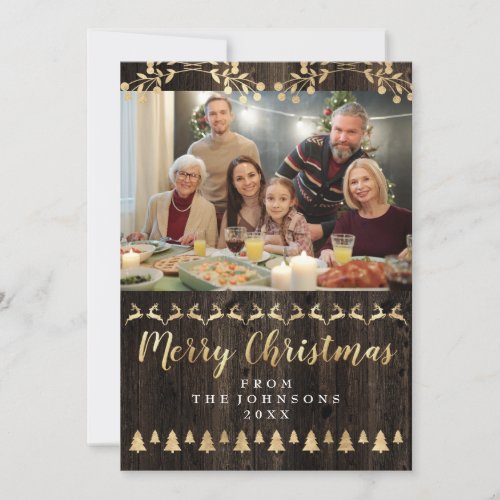Family Photo Merry Christmas Golden Script Rustic Holiday Card