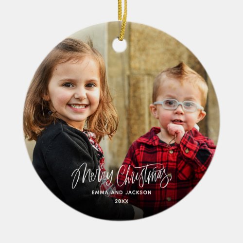 Family photo merry Christmas modern  Ceramic Ornament