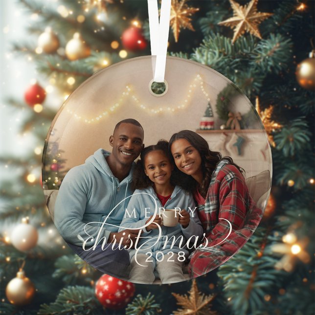 Family Photo Merry Christmas Modern Glass Glass Ornament (Creator Uploaded)