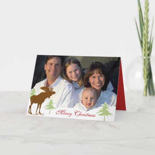 Family Photo Merry Christmas Moose 3 Pines Holiday Card (Front)