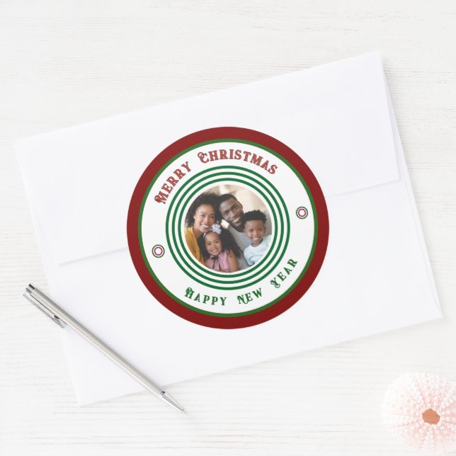  Family Photo Merry Christmas New Year Personalize Classic Round Sticker (Envelope)
