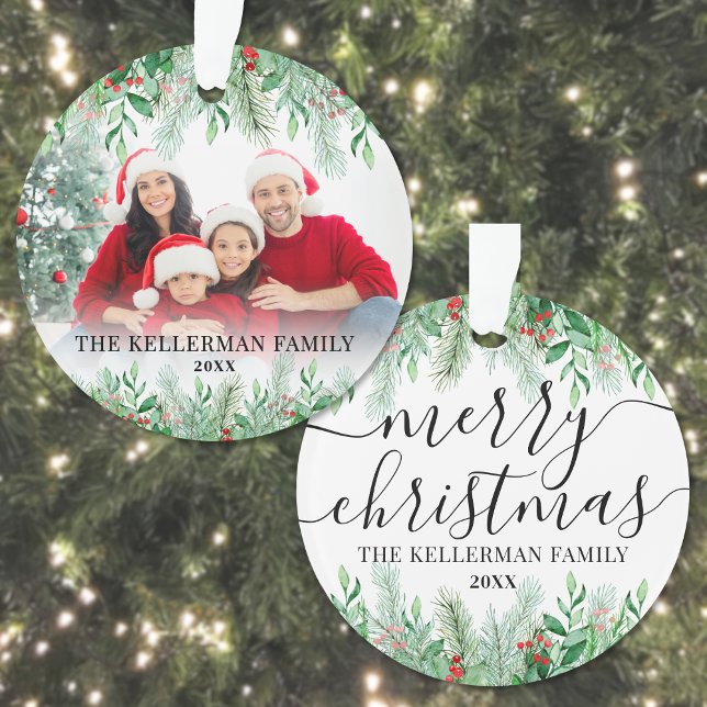 Family Photo Merry Christmas Ornament (Elegant Greenery Family Photo Merry Christmas Ornament)