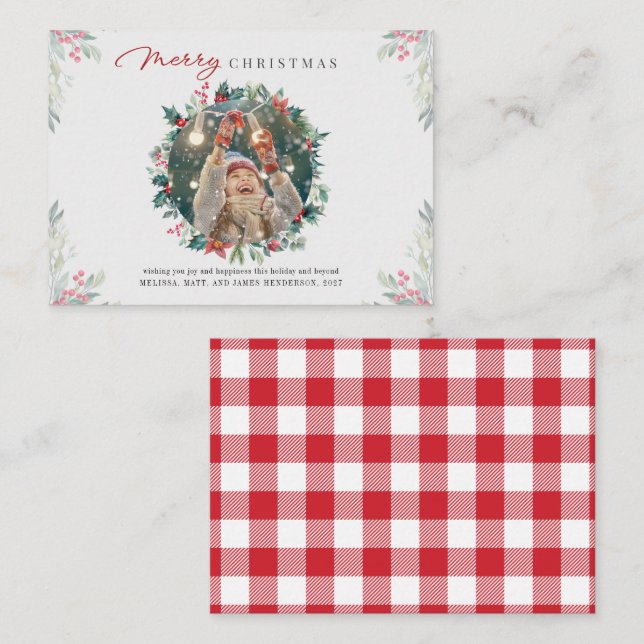 Family Photo Merry Christmas Red Berries Plaid Note Card (Front/Back)