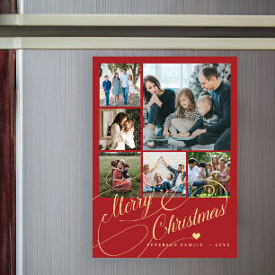 Family photo Merry Christmas red magnetic card