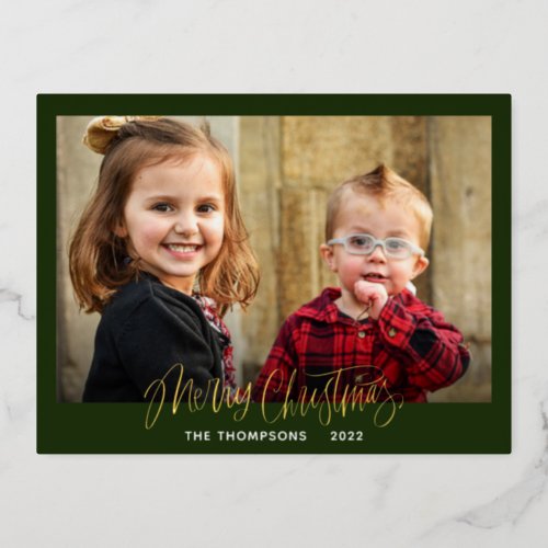 Family Photo Merry Christmas Script Gold Foil Holiday Postcard