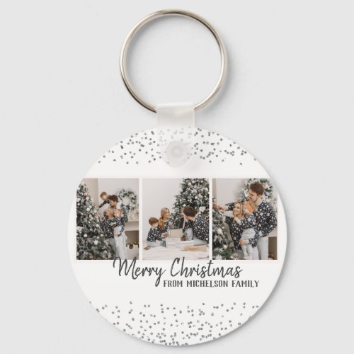 Family Photo Merry Christmas Silvr confetti Keychain
