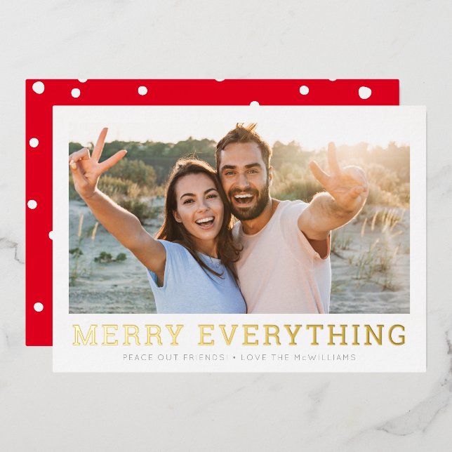 FAMILY PHOTO merry everything red simple serif Hol Foil Holiday Card (Front/Back)
