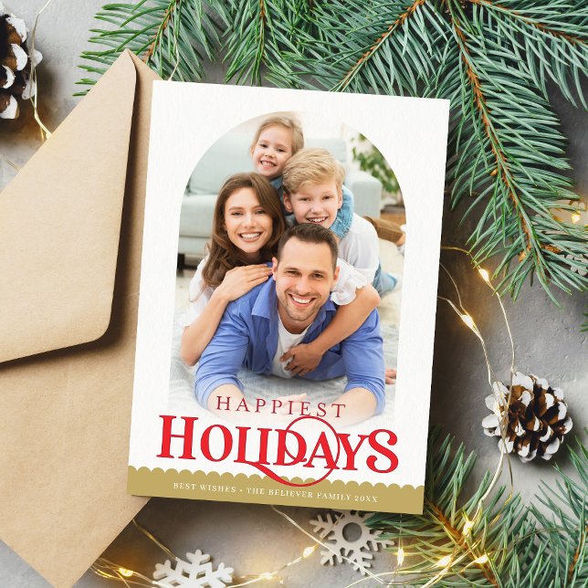 FAMILY PHOTO minimal modern arch gold red Holiday Card (Creator Uploaded)