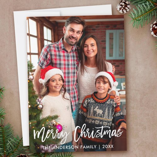 Family Photo Modern Brush Script Merry Christmas Holiday Card
