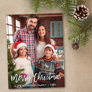 Family Photo Modern Brush Script Merry Christmas Postcard