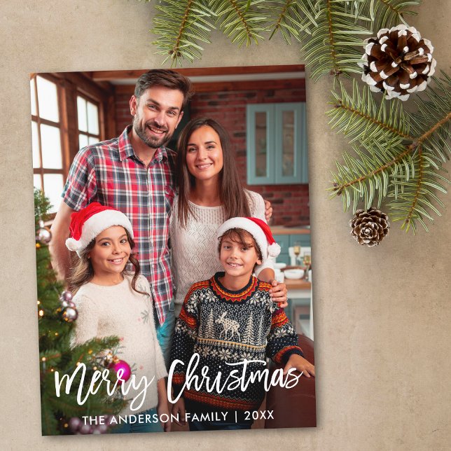 Family Photo Modern Brush Script Merry Christmas Postcard (Customize to change your personalized text size or text style.)