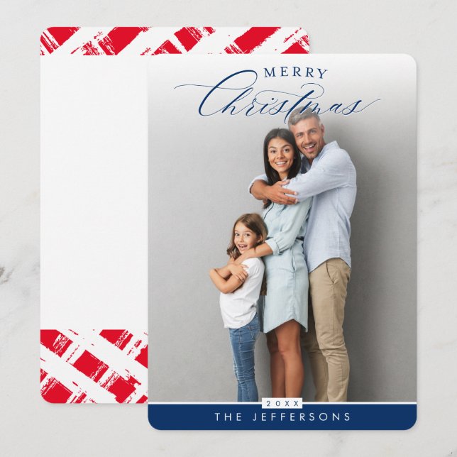 FAMILY PHOTO modern calligraphy overlay navy blue Holiday Card (Front/Back)